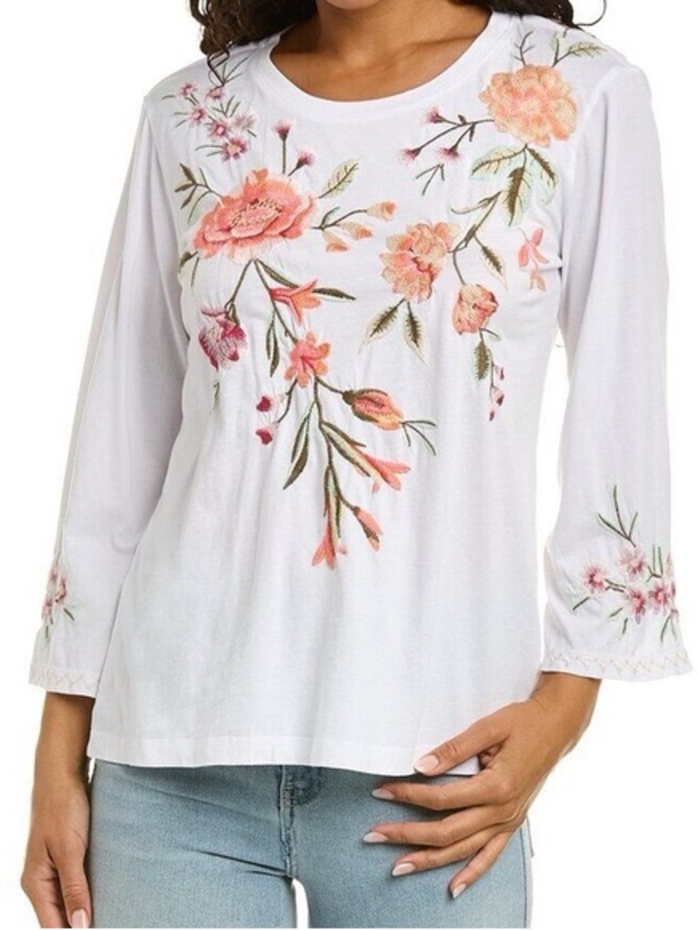 Johnny Was Women's White Floral Embroidered Long Sleeve Top